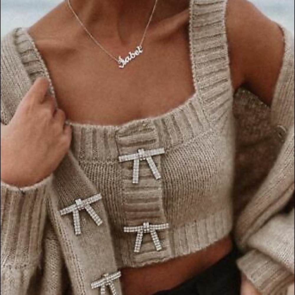 ZARA | Green Knit Crop Top w/Crystal Bow